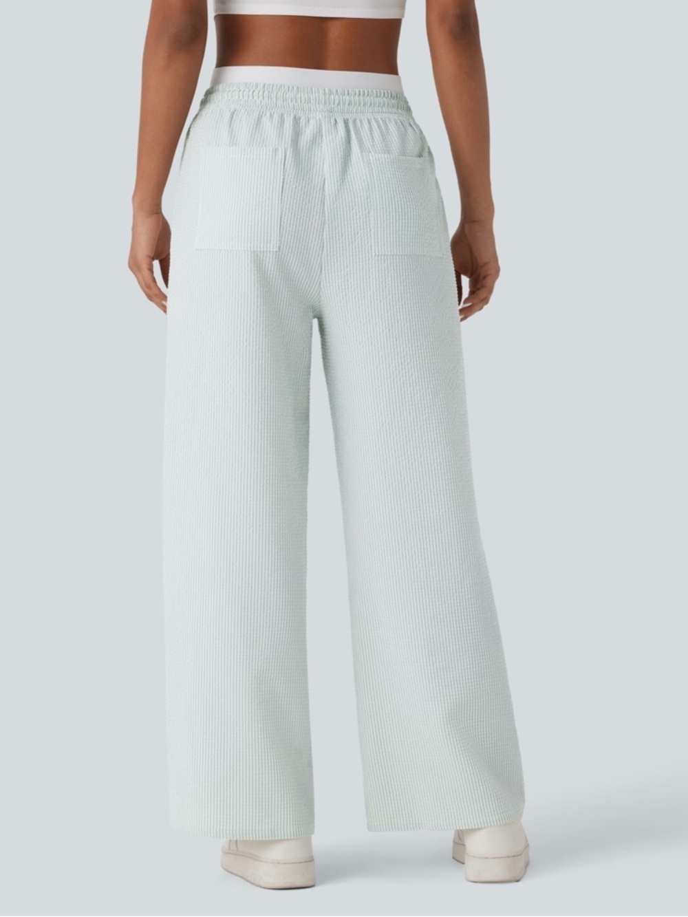 HALARA Mid Rise Double Layer Drawstring Mint Stripe Wide-Leg Ribbed Lounge Pants - Picture 2 of 12